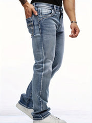 Men's Classic Stretch Denim Jeans With Embroidered Design, Regular Fit Four-Season Wear With Pockets, Suitable For Adults