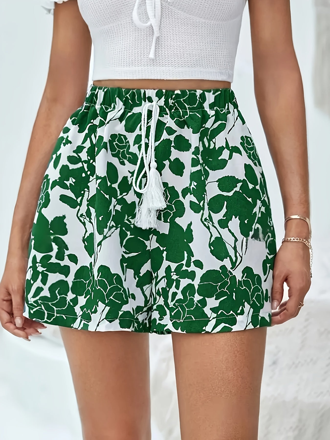 Women's Floral Print Drawstring Shorts - Casual Summer Vacation Style With Elastic Waistband & Pockets