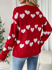 Heart Pattern V Neck Sweater, Casual Eyelet Embroidered Long Sleeve Sweater For Fall & Winter, Women's Clothing