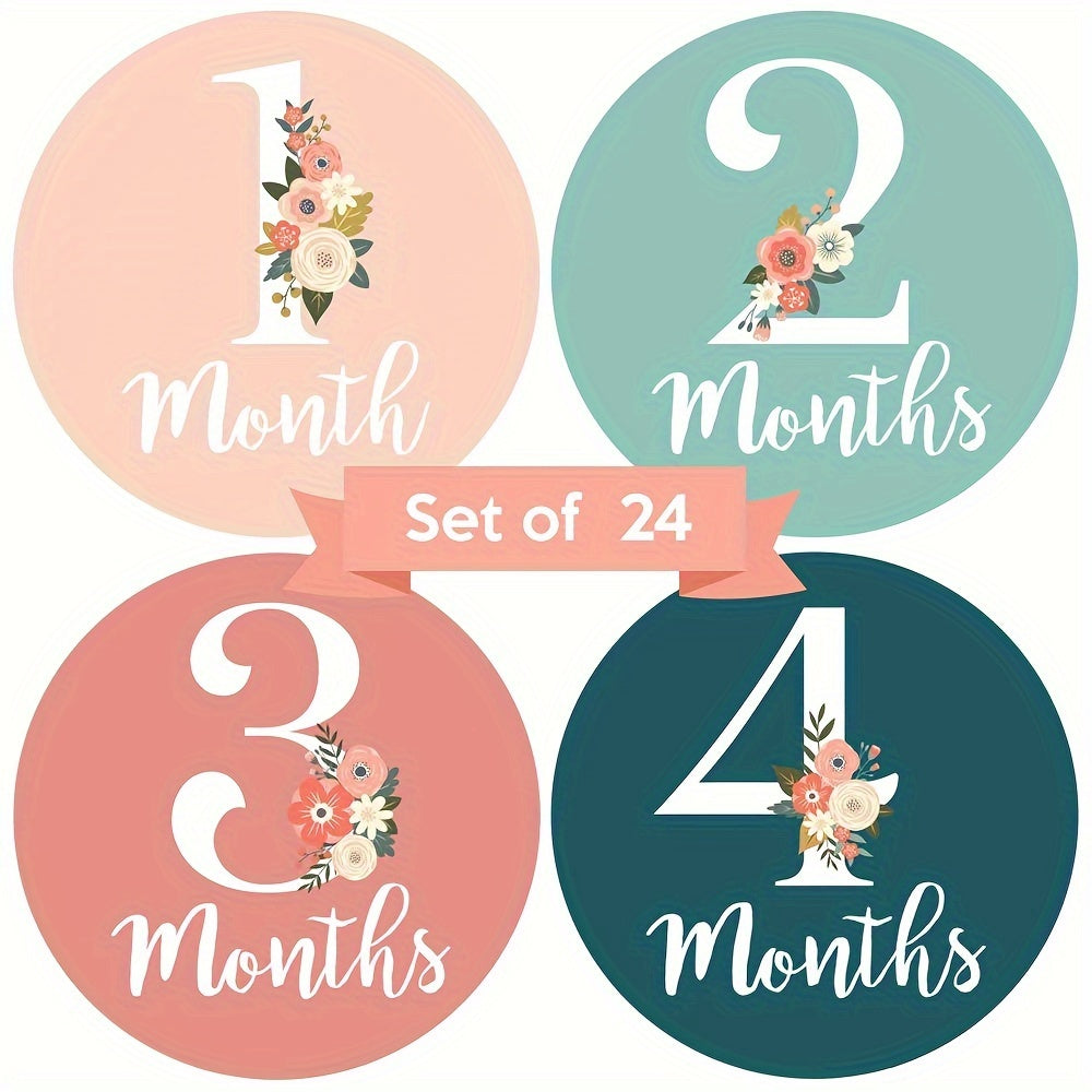 Baby's First Year Floral Milestone Stickers – 24pcs Set for Monthly Growth Photos & Keepsake Memories