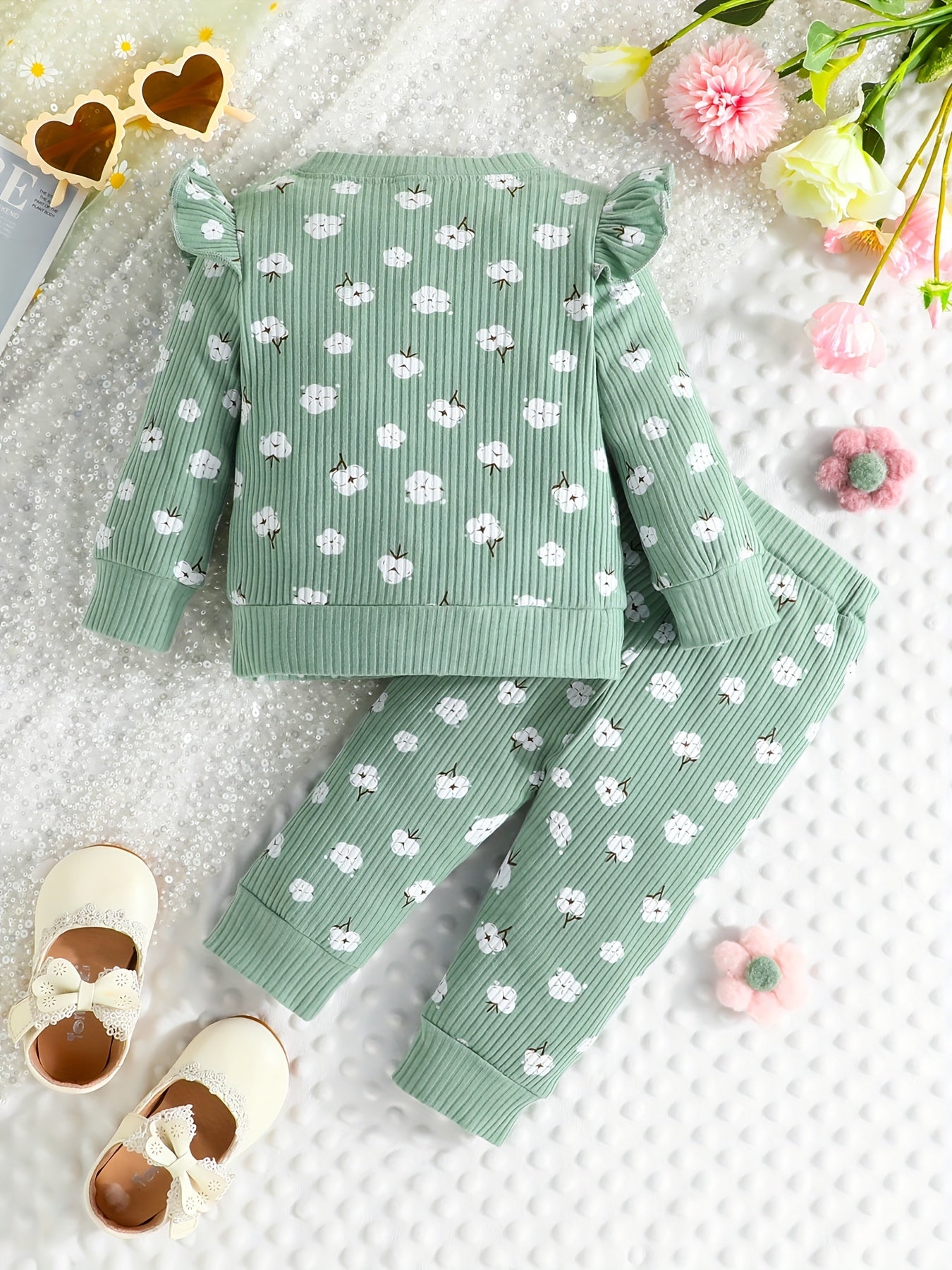 Infant Baby Girl Cute Pink Flowers Graphic Long Sleeve Pullover Top + Pants Set, Toddler's Cotton Thermal Clothes