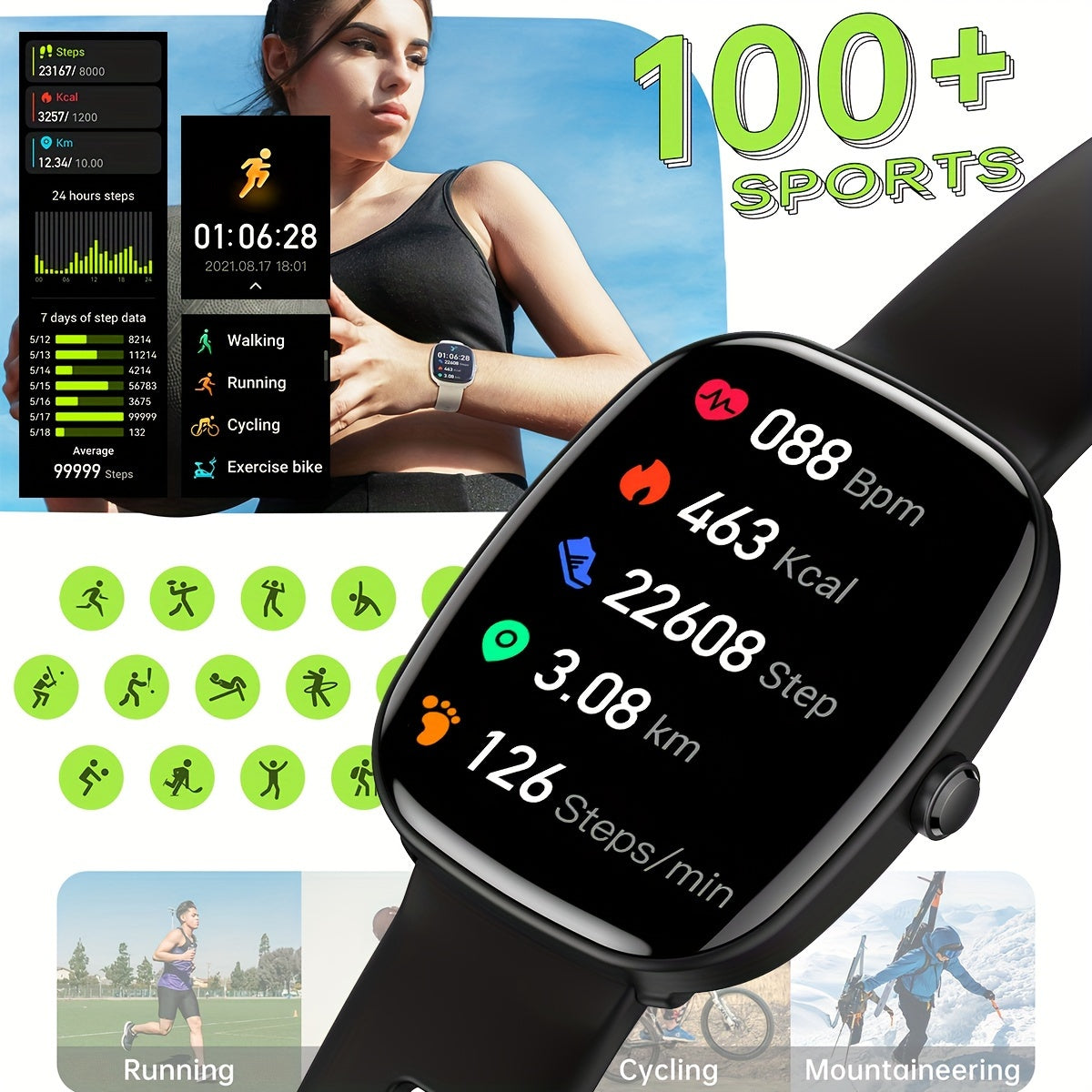 IP68 Waterproof Smartwatch with 4.65cm Full Touch Display, Syncs with Smartphone, 300mAh USB Rechargeable Battery, Wireless 5.0, Sleep & Monitor, 100+ Exercise Modes, Compatible with iPhone & Android