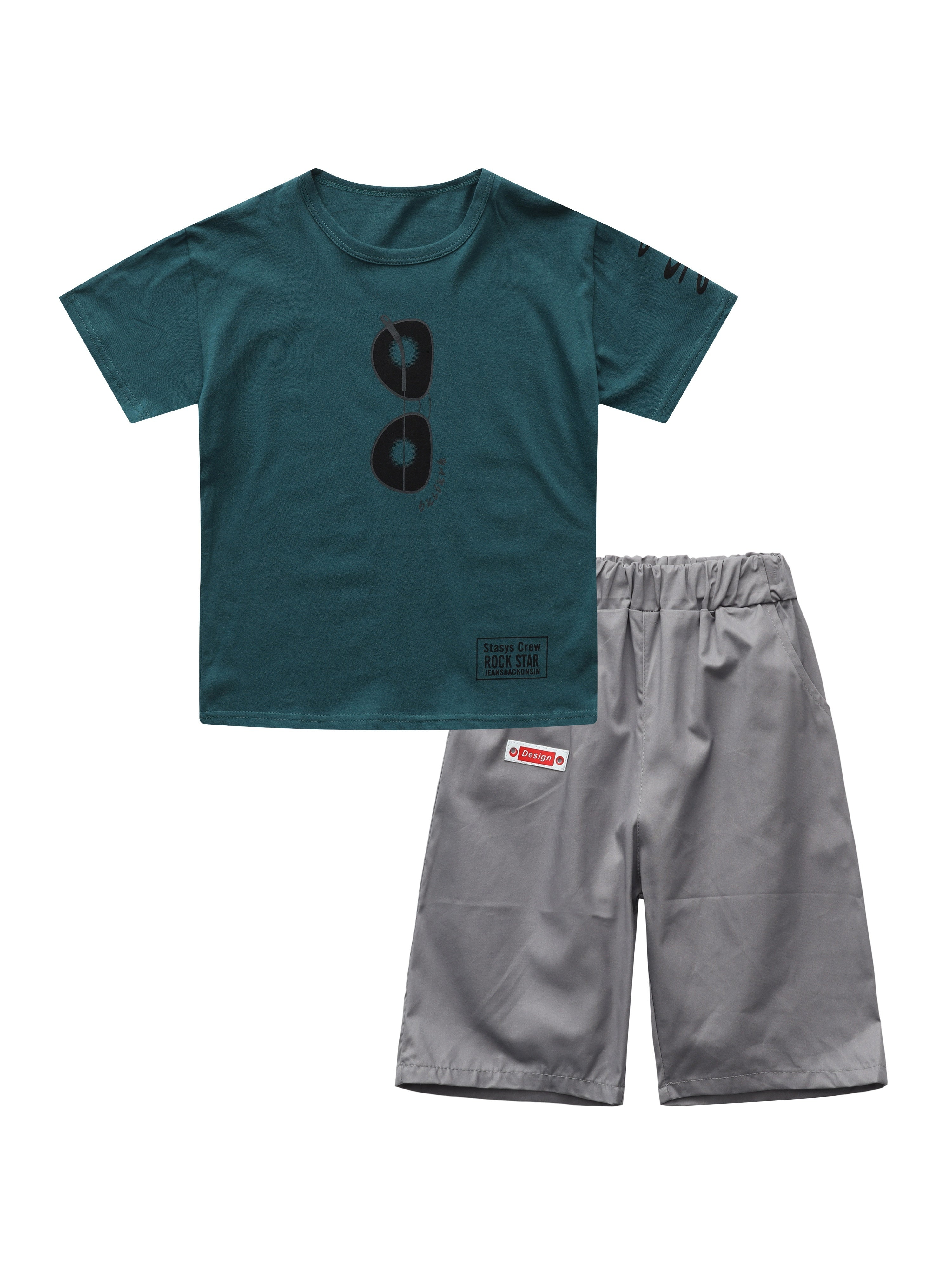 100% Cotton 2pcs, Glasses Graphic Short Sleeve Crew Neck T-shirt + Solid Color Shorts Set For Boys, Breathable Set Casual Summer Gift