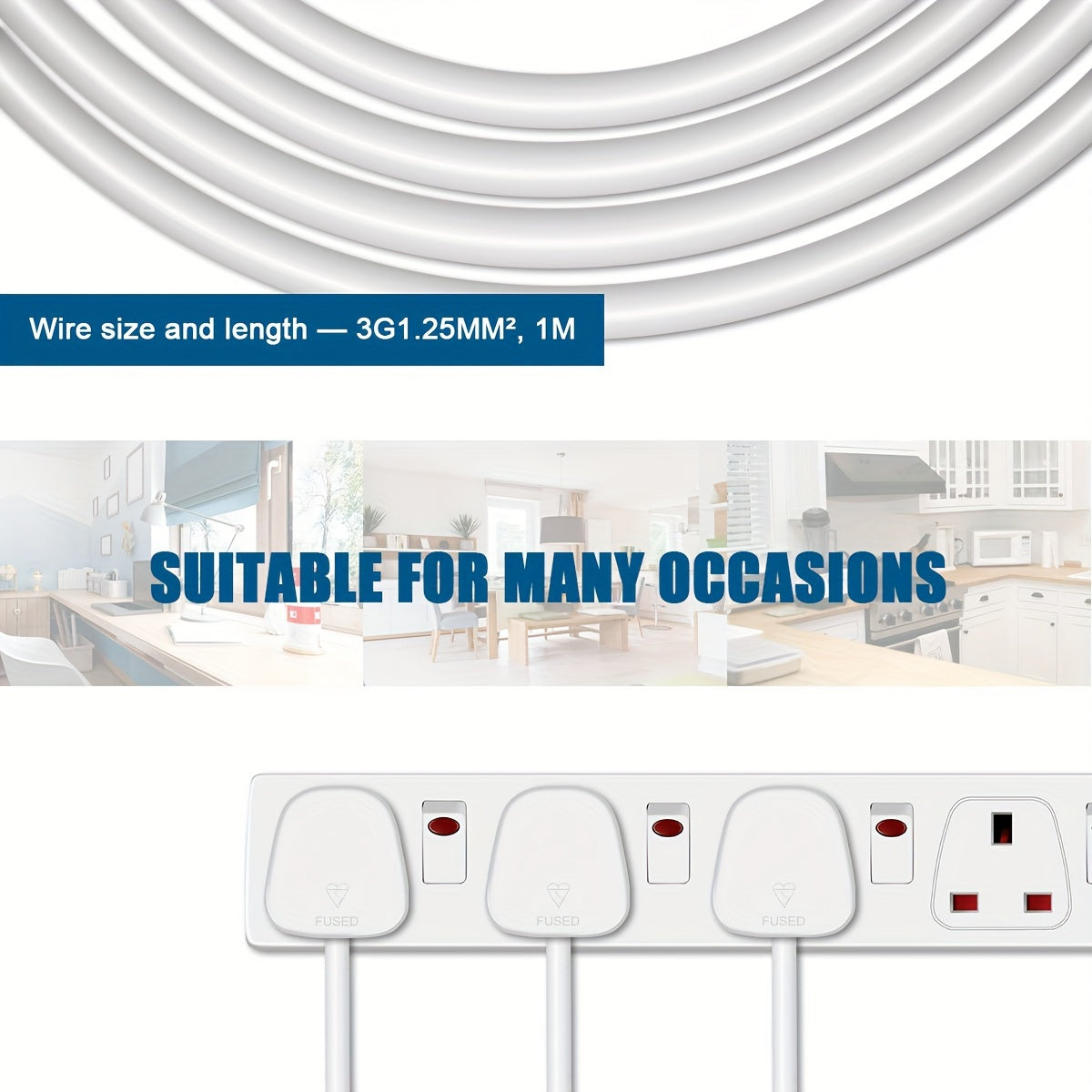 6 Way Extension Leads With Surge Protection, Wall Mounted Power Strips With Individual Switches 13A UK Plug (1M, White)