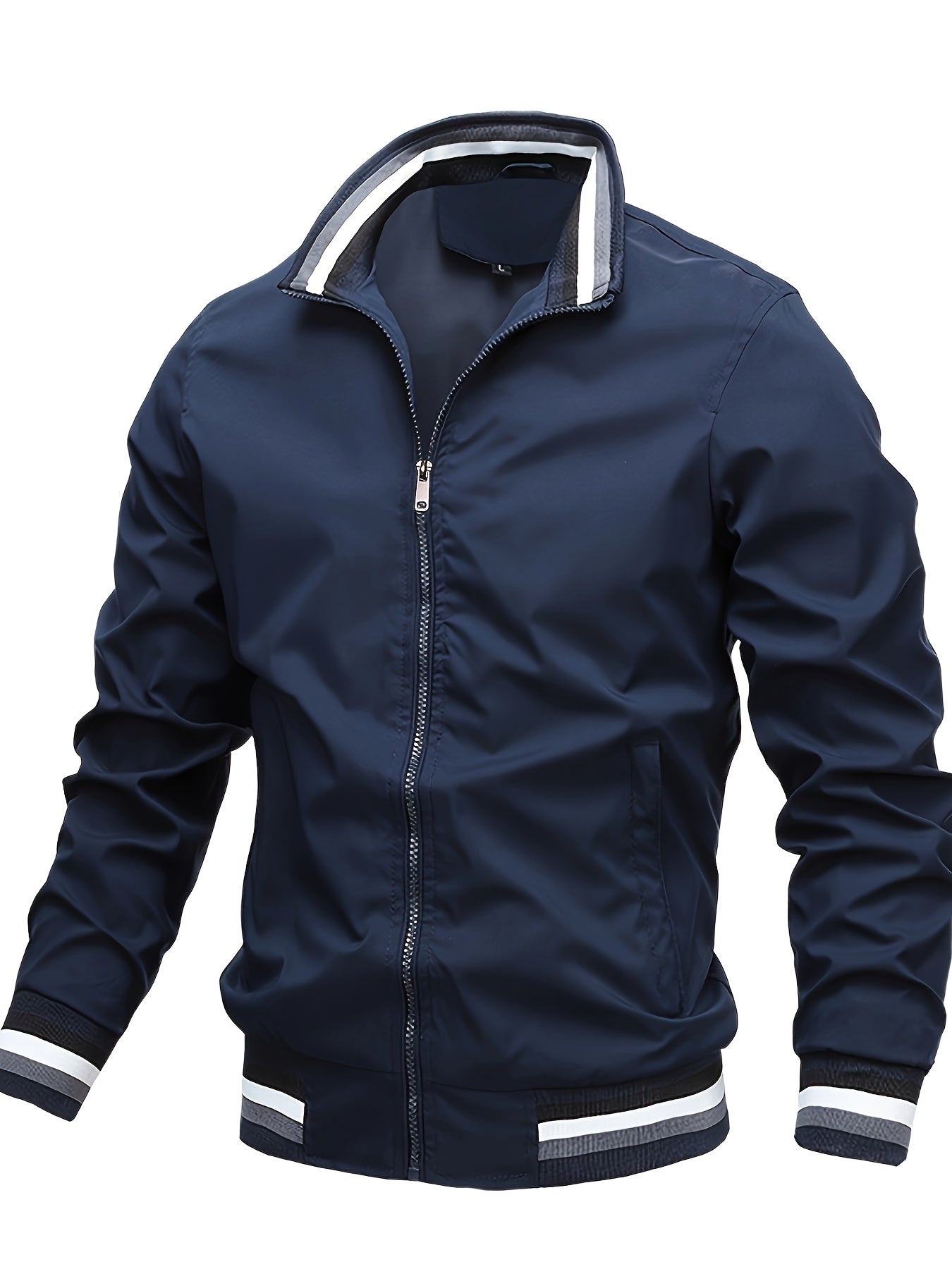 Mens Bomber Jacket - Eye-catching Stripe Pattern, Comfortable Long Sleeve, Convenient Zipper, Stylish Stand Collar, Windproof Windbreaker - Perfect for Spring and Autumn Seasons, Ideal for Outdoor Activities