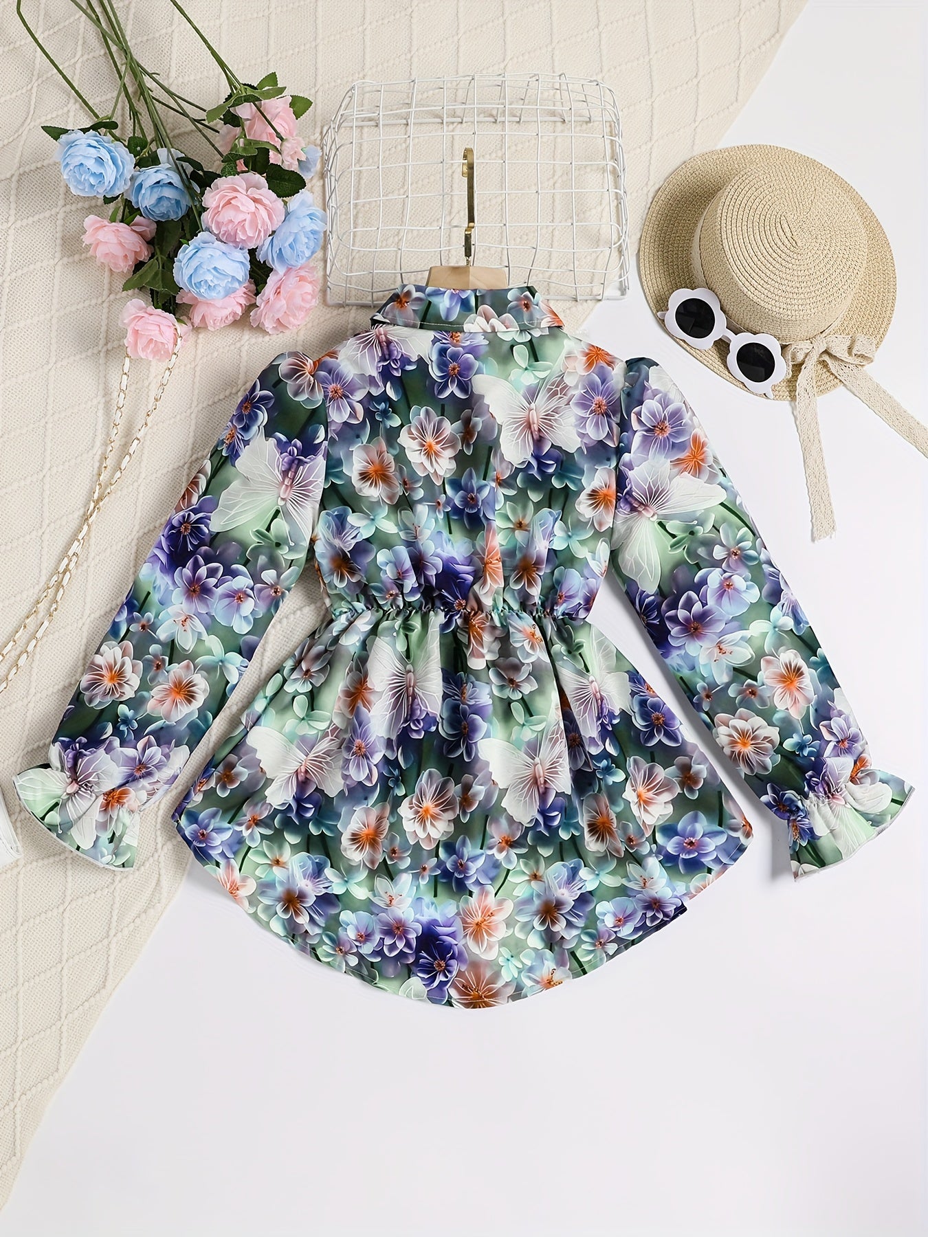 Tween Girls Stylish & Elegant Long Sleeve Allover Flowers Pattern Button Up High Low Blouse For Spring & Fall Outdoor Holiday Picnic