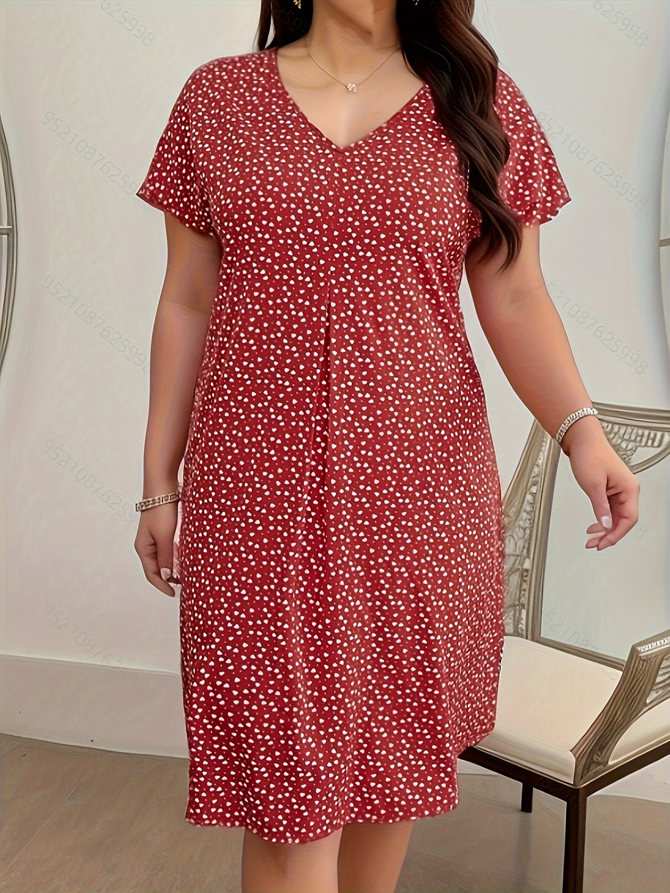 Plus Size All Over Print Dress, Elegant V Neck Short Sleeve Dress, Women's Plus Size Clothing