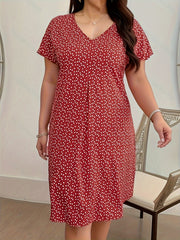 Plus Size All Over Print Dress, Elegant V Neck Short Sleeve Dress, Women's Plus Size Clothing