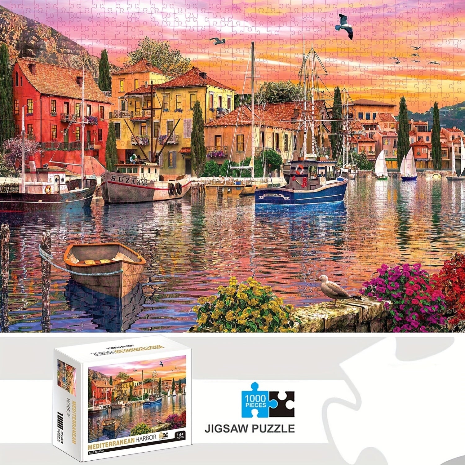 Mediterranean Harbor 1000-Piece Jigsaw Puzzle - 69.85cm x 50.04cm Rectangle Paper Puzzle for Adults and Teens 14+ with Letter Partition on Back for Easy Sorting, Beginner Level Portable Fun Educational Game