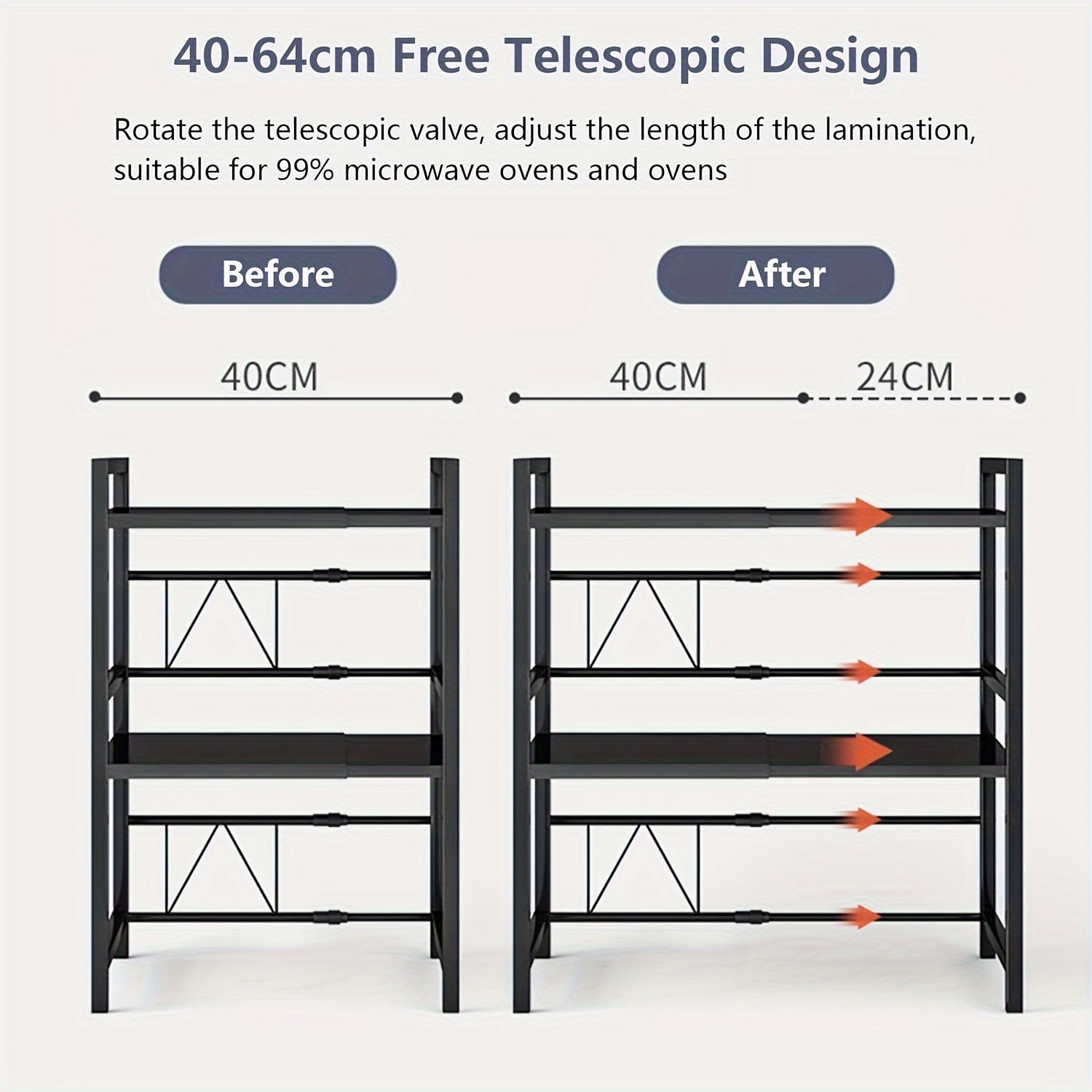 3 Tiers Expandable Microwave Oven Rack with 6 Hooks, Microwave Shelf Stand for Kitchen, Carbon Steel Kitchen Shelf Countertop Storage Organiser for Pots Pans Rice Cooker Black