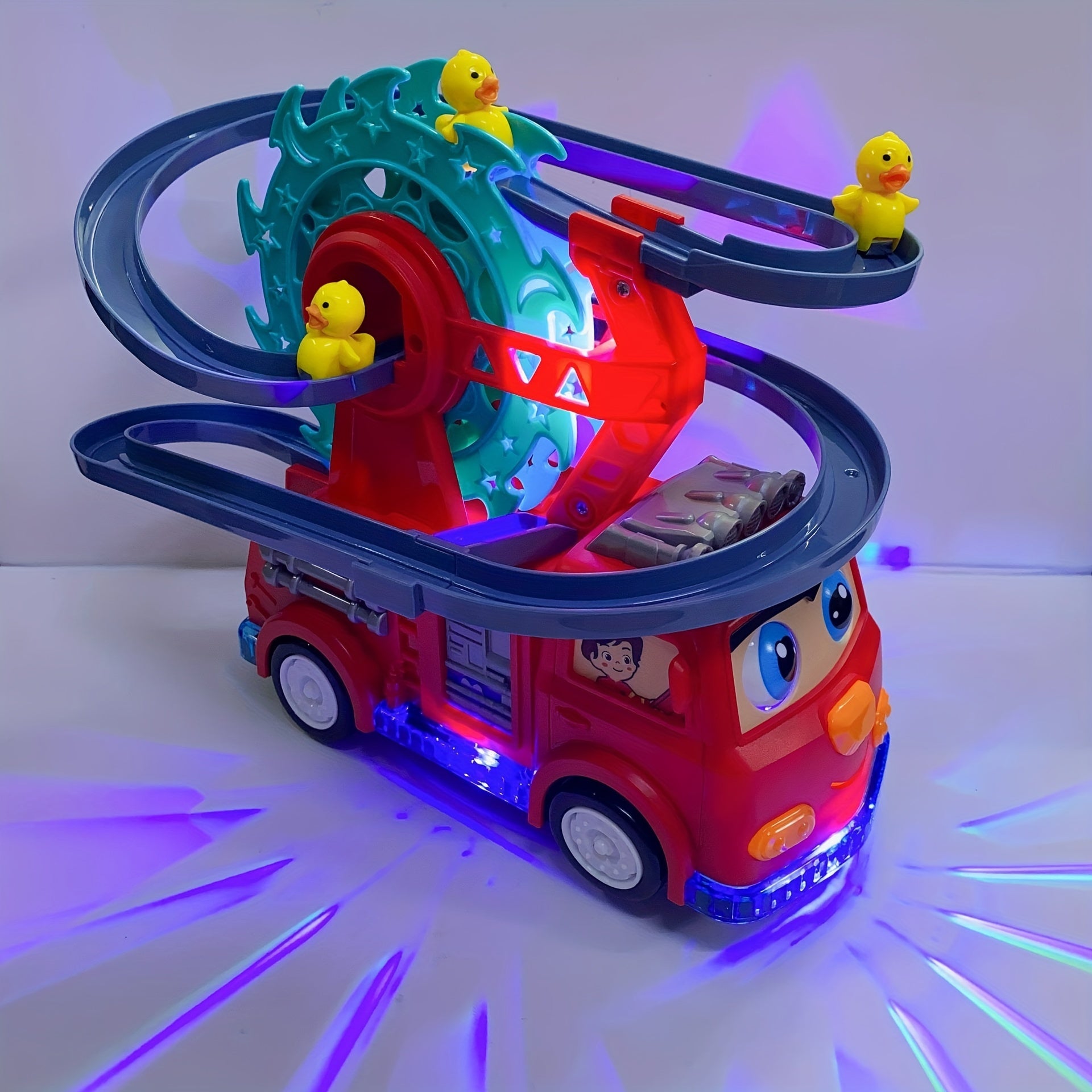 Children's Electric Universal Track Fire Truck, Duck Slide Track Ferris Wheel Fire Truck With Lights And Music