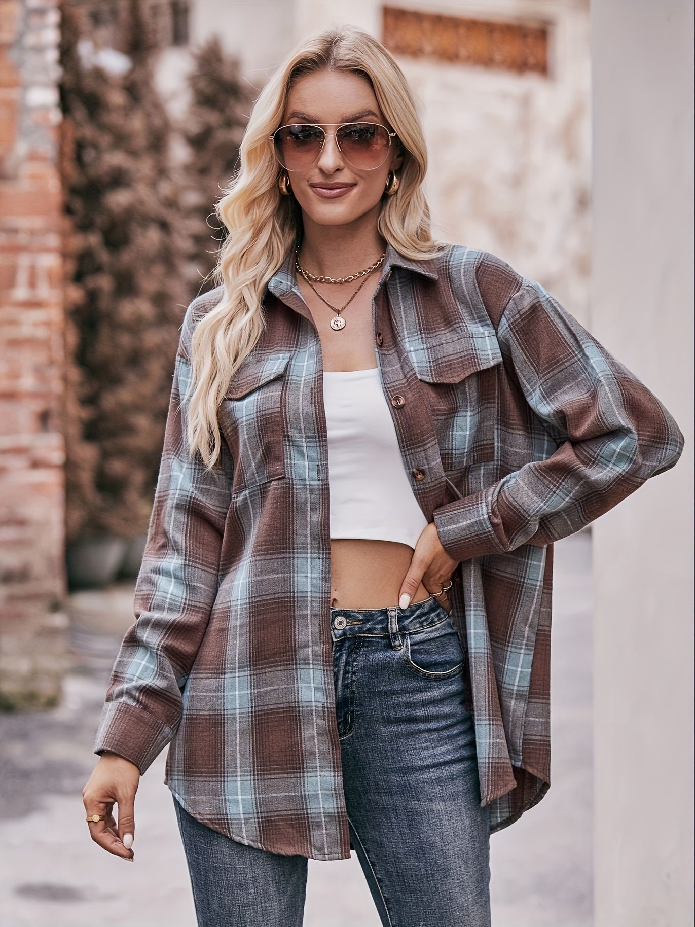 Plaid Button Front Shirt, Elegant Long Sleeve Lapel Shirt, Women's Clothing