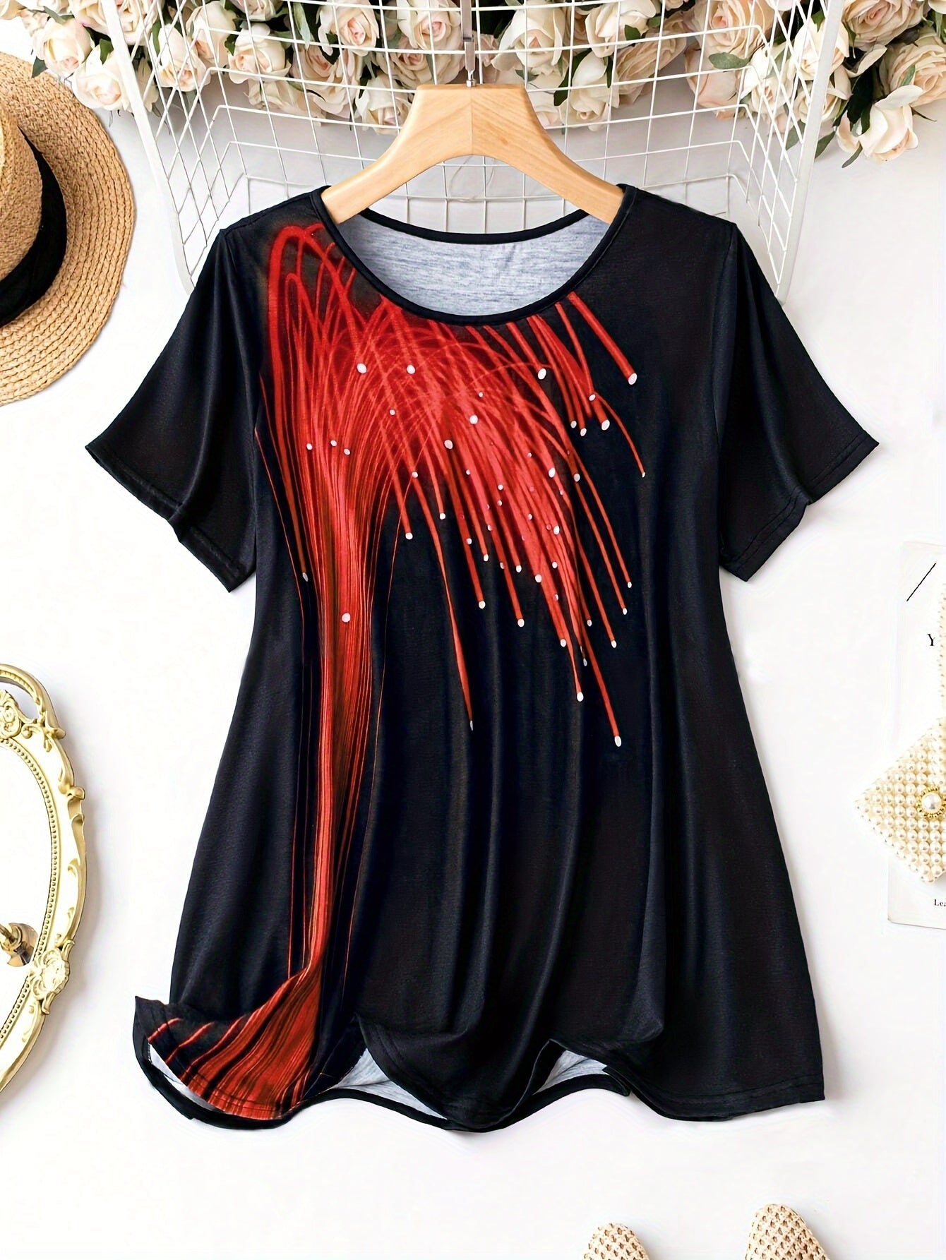 Plus Size Colorblock Print T-Shirt, Casual Short Sleeve Top For Spring & Summer, Women's Plus Size Clothing