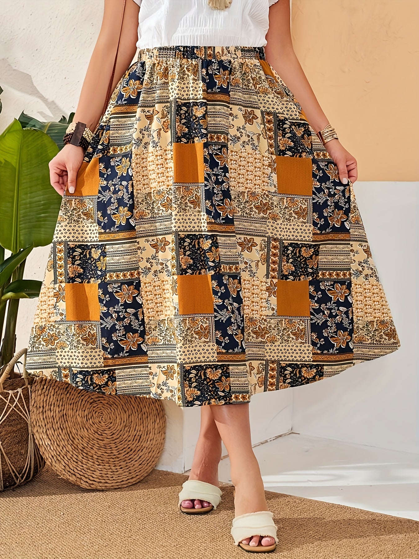 Plus Size Floral Print Elastic Waist Skirt, Casual Slant Pocket Skirt For Spring & Summer, Women's Plus Size Clothing