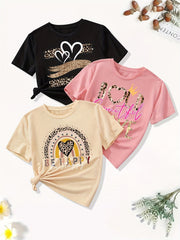 3pcs, Cartoon Portrait/heart Pattern Crew Neck T-shirts, Casual Short Sleeve Trendy Summer Tees Comfy Tops, Girls' Clothing