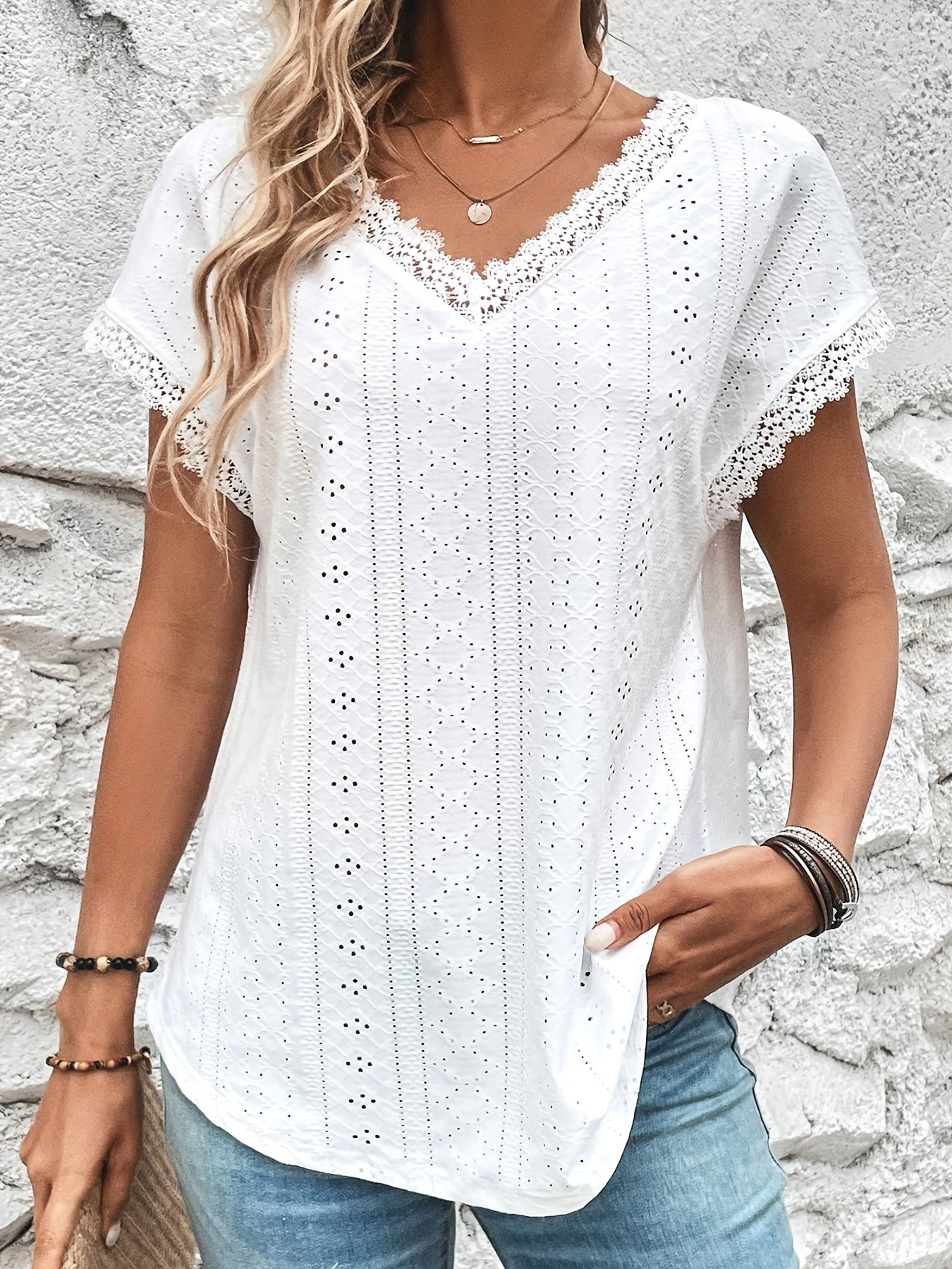 Lace Trim Eyelet Blouse, V Neck Loose Casual Top For Spring & Summer, Women's Clothing