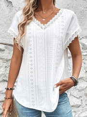 Lace Trim Eyelet Blouse, V Neck Loose Casual Top For Spring & Summer, Women's Clothing