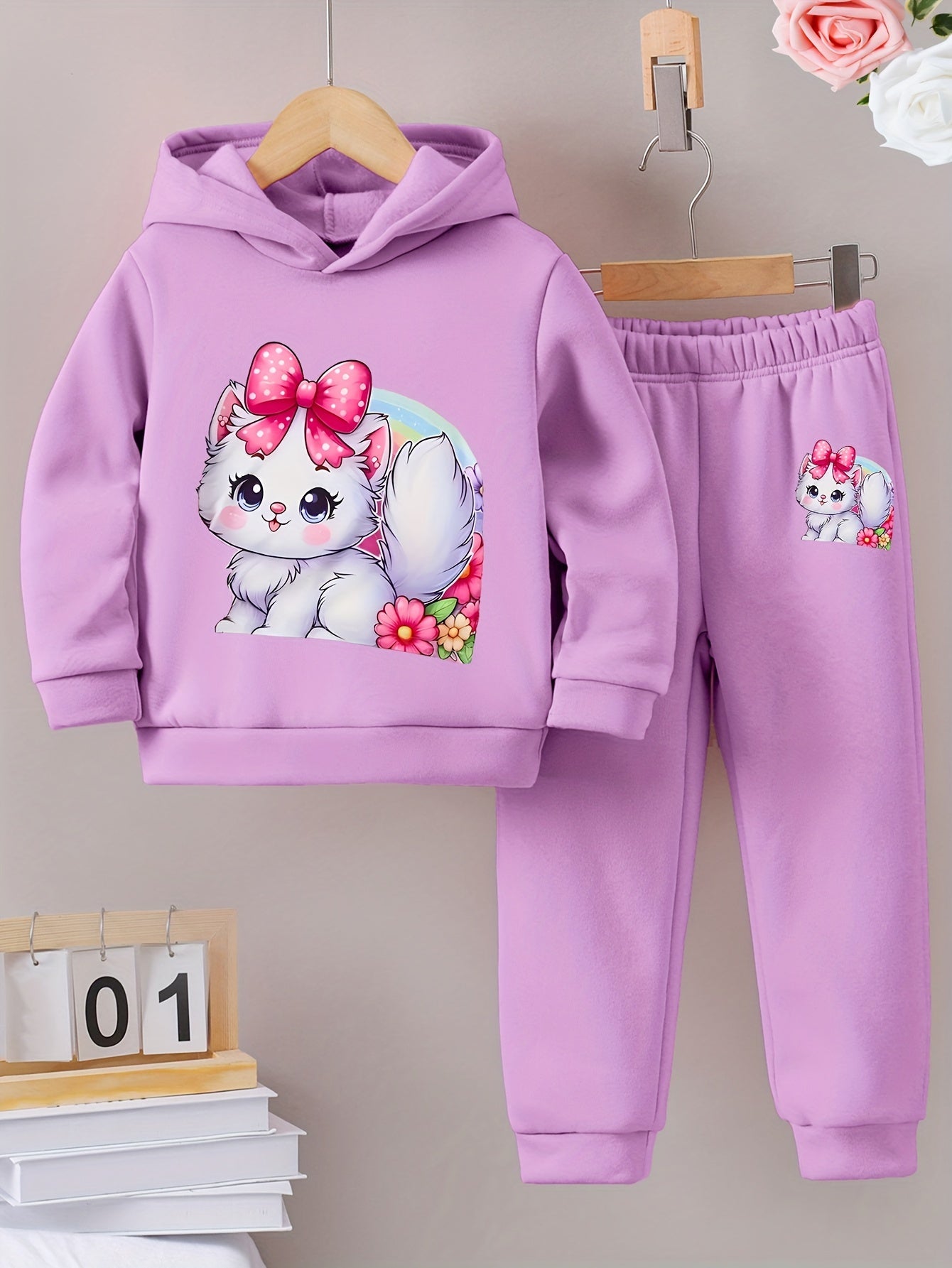 Girl's Winter Hoodie and Leggings Set: Soft Fleece, Pink Bow, and Cute Kitty Design