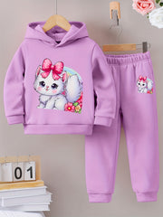 Girl's Winter Hoodie and Leggings Set: Soft Fleece, Pink Bow, and Cute Kitty Design