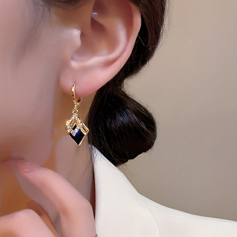 Double Rhombus Shape Shiny Zircon Inlaid Dangle Earrings Elegant Simple Style Zinc Alloy Jewelry Daily Casual