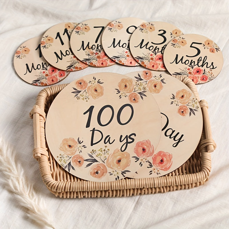 Wooden Flower Newborn Month Milestone Cards, Premiun Forged Woodplywood, Keep Track Of Your Baby Every Month