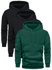 Men's 3-pack Set Of Solid Hooded Long Sleeve Fleece Sweatshirts With Kangaroo Pocket, Spring And Fall Trendy Hoodies For Daily Outings