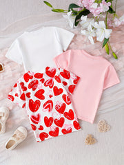 3pcs Adorable Girls Heart Print T-Shirt Set - Ultra-Sweet Short Sleeve Tees for Summer Fun, Perfect Valentines Day Party Outfit or Gift