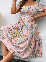 Plus Size Floral Print Cinched Waist Dress, Elegant Square Neck Pleated Swing Dress For Spring & Summer, Women's Plus Size Clothing