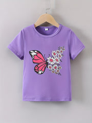 Butterfly Wing With Flowers Graphic Print Tee, Girls' Casual & Comfy Short Sleeve Crew Neck T-shirt For Spring & Summer, Girls' Clothes