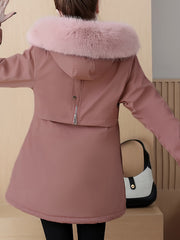 Fluffy Trim Hooded Warm Coat, Casual Zip Up Long Sleeve Winter Outerwear, Women's Clothing