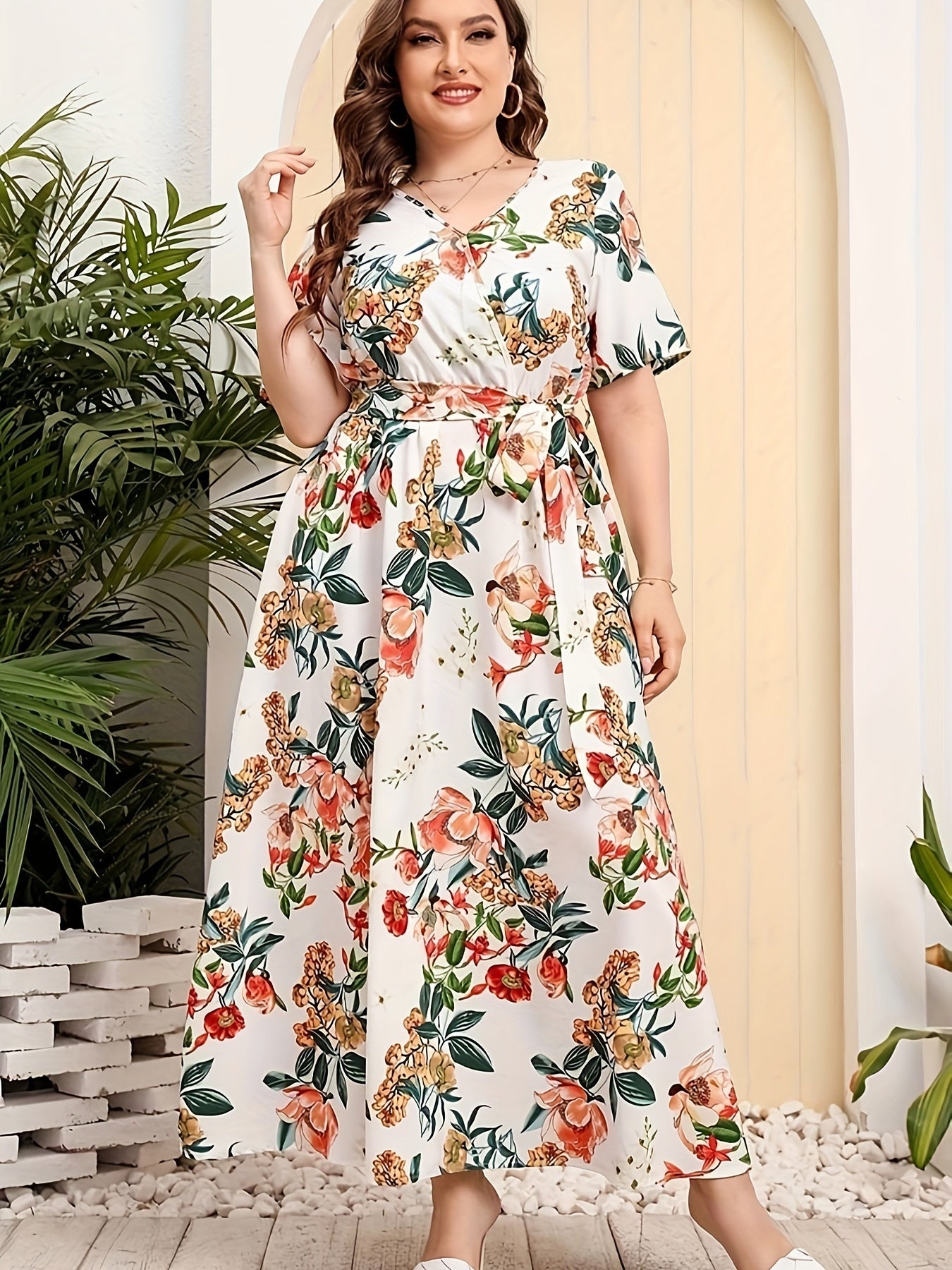 Plus Size Floral Print Surplice Neck Dress, Casual Short Sleeve Belted Dress For Spring & Summer, Women's Plus Size Clothing