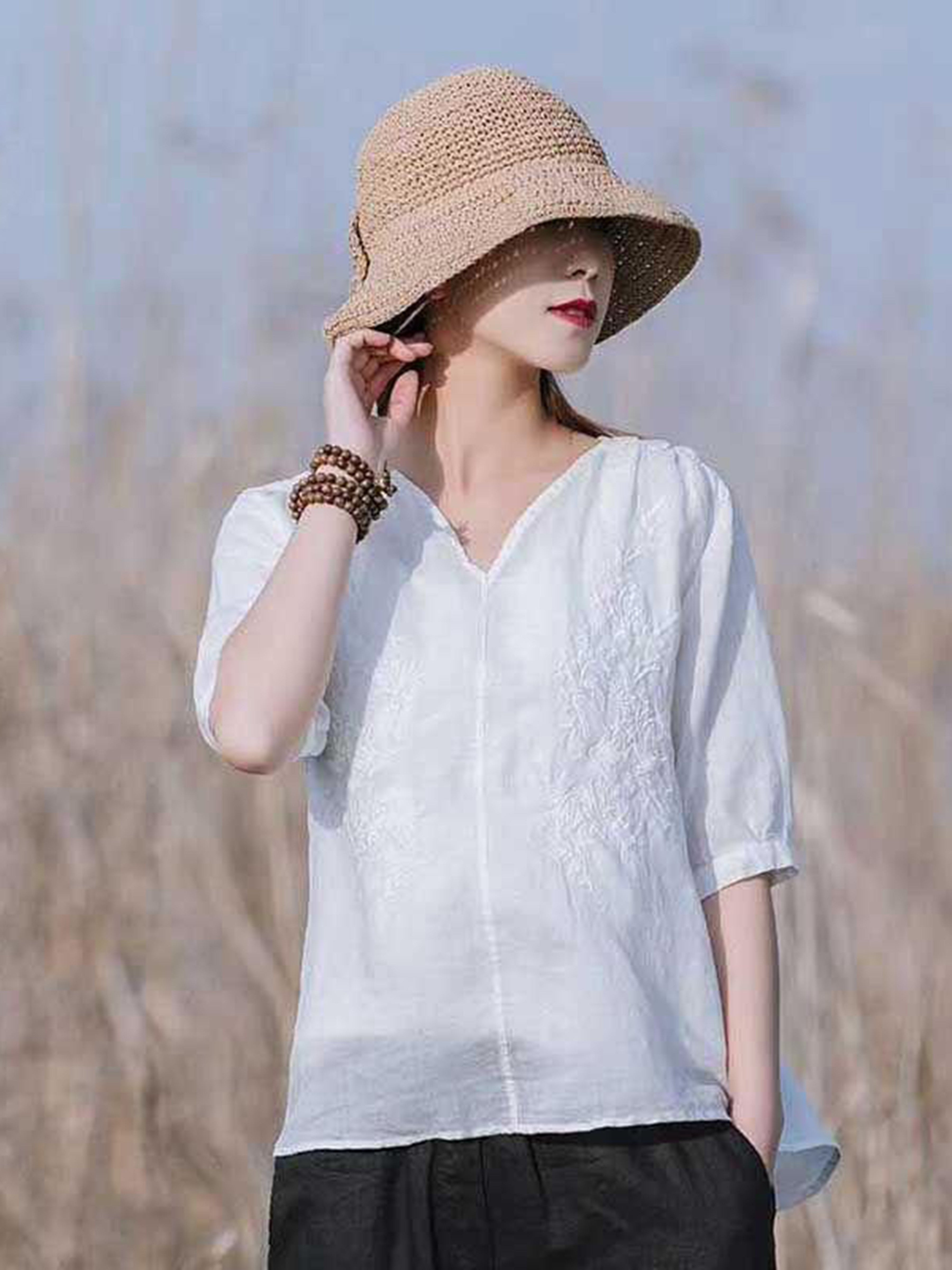 Embroidered Solid Blouse, Elegant V Neck Half Sleeve Blouse, Women's Clothing