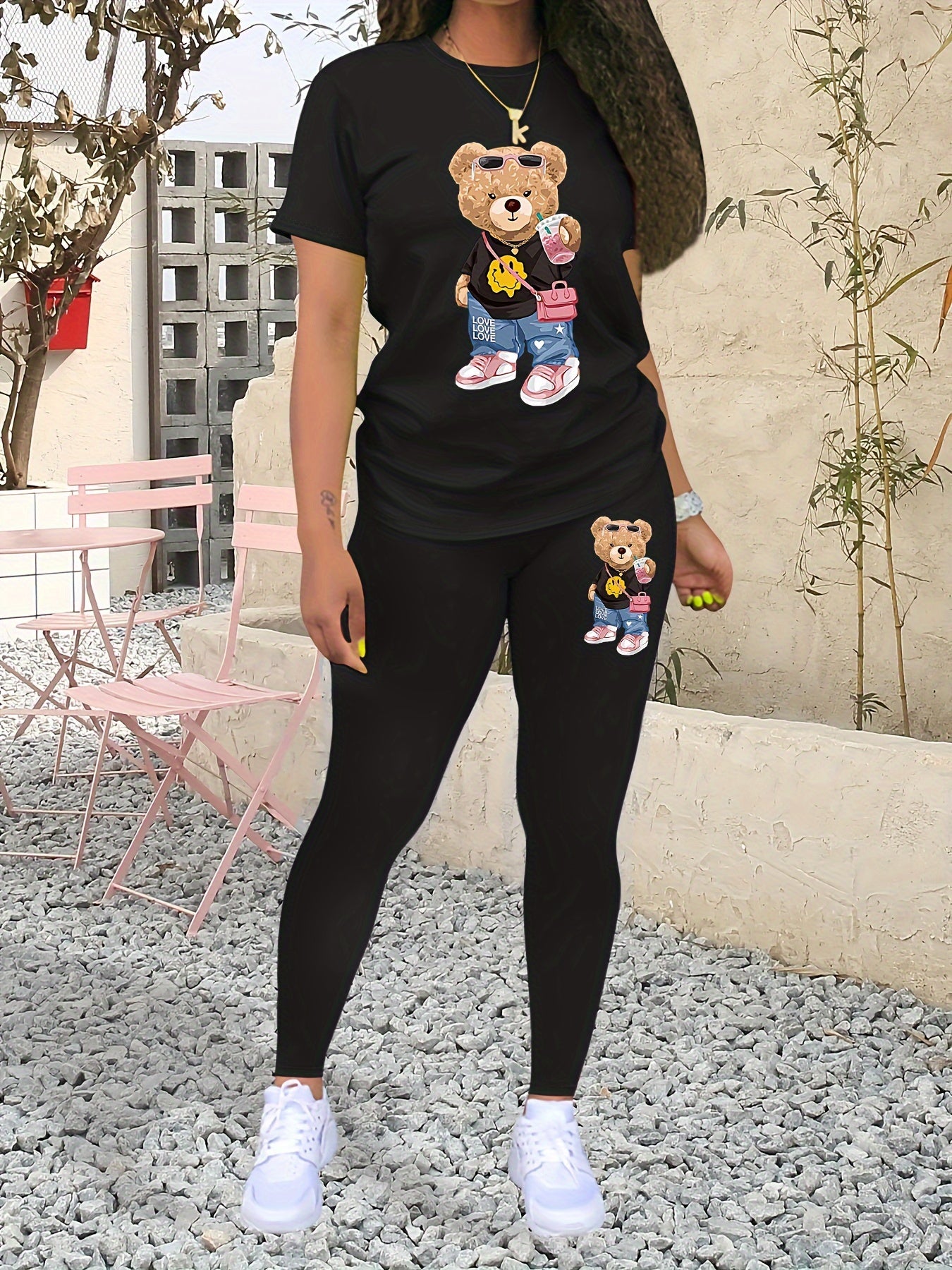 Casual Teddy Bear Print Two-piece, Crew Neck Short Sleeve T-shirt & Skinny Leggings Outfits, Women's Clothing