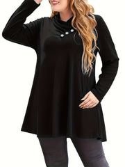 Plus Size Button Decor T-Shirt, Casual Criss Cross Neck Long Sleeve Top For Spring & Fall, Women's Plus Size Clothing