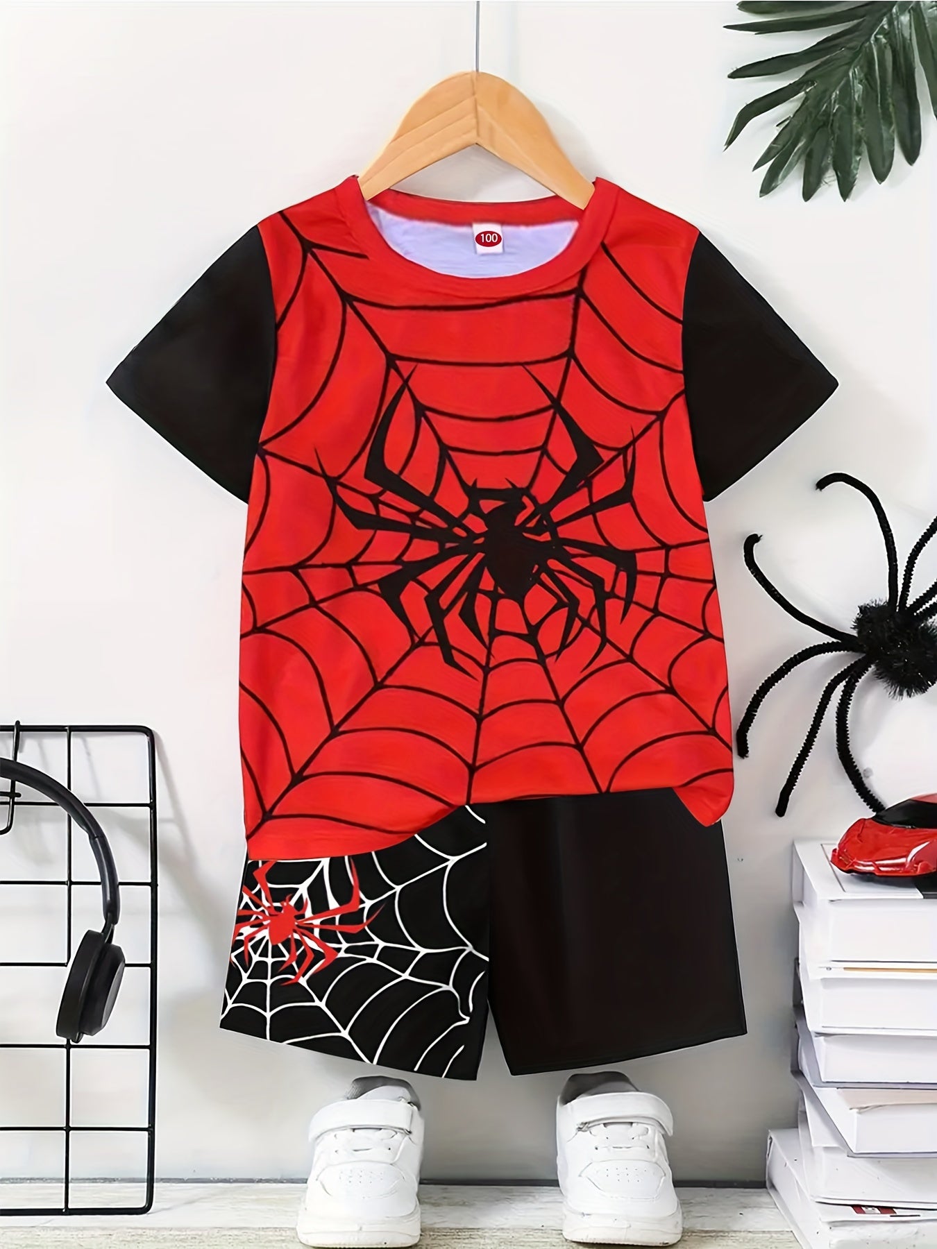 Boy's 2-piece Spider Pattern Casual Co Ord Set, Short Sleeve Tee And Shorts, Comfy Summer Clothes