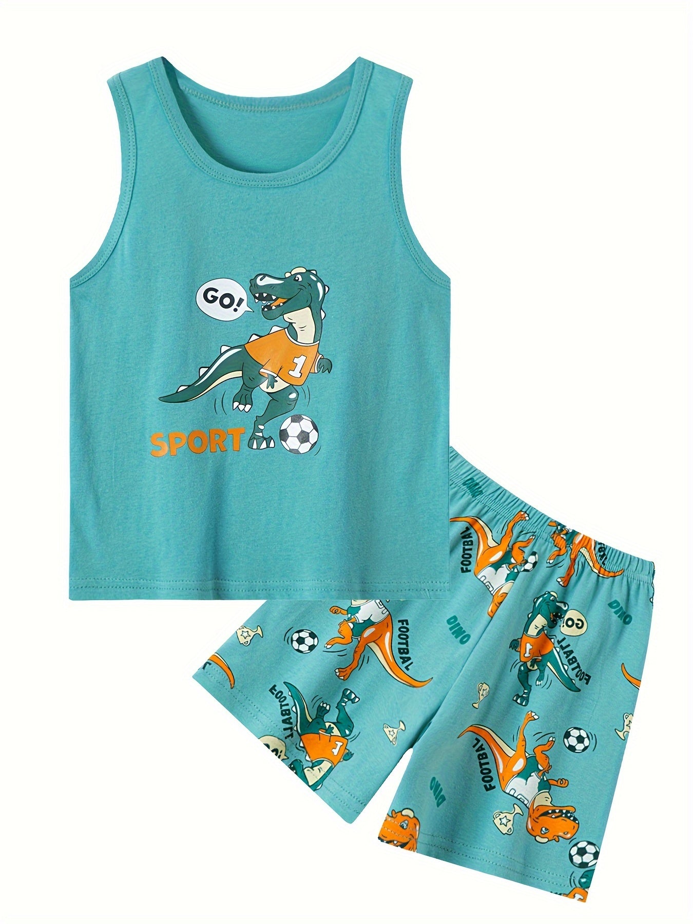 2pcs Boys Soccer Dino Print Versatile Sleeveless Tank Top & Shorts Set, Cool, Lightweight And Comfy Summer Holiday Clothes