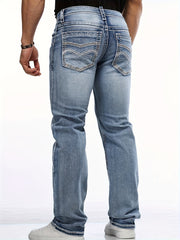 Men's Classic Stretch Denim Jeans With Embroidered Design, Regular Fit Four-Season Wear With Pockets, Suitable For Adults