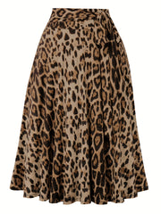 Plus Size Retro Skirt, Women's Plus Leopard Print Elastic Tie Waist Swing A-line Skirt