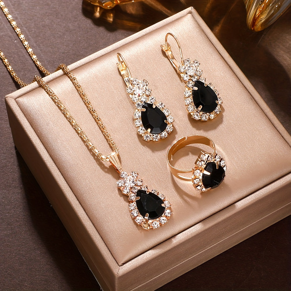 Elegant Jewelry Set, Black Heart-Shaped Zirconia Ring, Necklace, Earrings - Coquette Fashion Style, Ideal Gift Set For Special Occasions