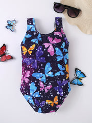 1-Piece Girls Butterflies Print Swimsuit - Sleeveless, Stretchy & Vibrant Design - Perfect for Pool & Beach Adventures