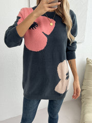 Floral Pattern Loose Fit Sweater, Stylish Crew Neck Long Sleeve Pullover Sweater For Winter & Fall, Women's Clothing