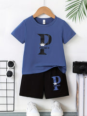 2pcs Boys Casual PRINCE Letter Graphic Print Short Sleeve T-shirt & Shorts Set, Comfy Summer Boys Clothes