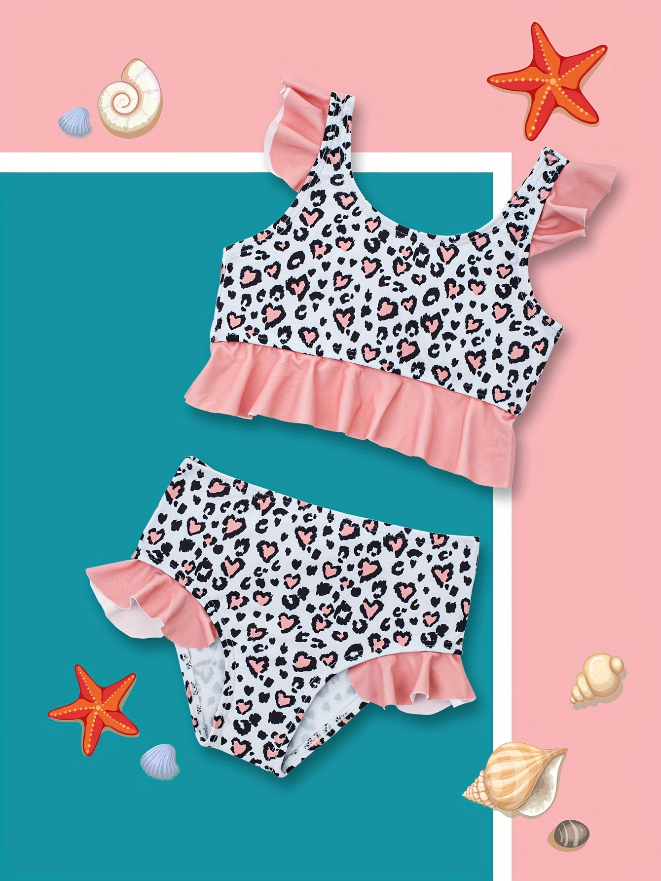 2pcs Toddler Kid's Leopard Pattern Bikini Set, Stretchy Ruffle Trim Bathing Suit, Baby's Swimsuit For Summer Beach Vacation