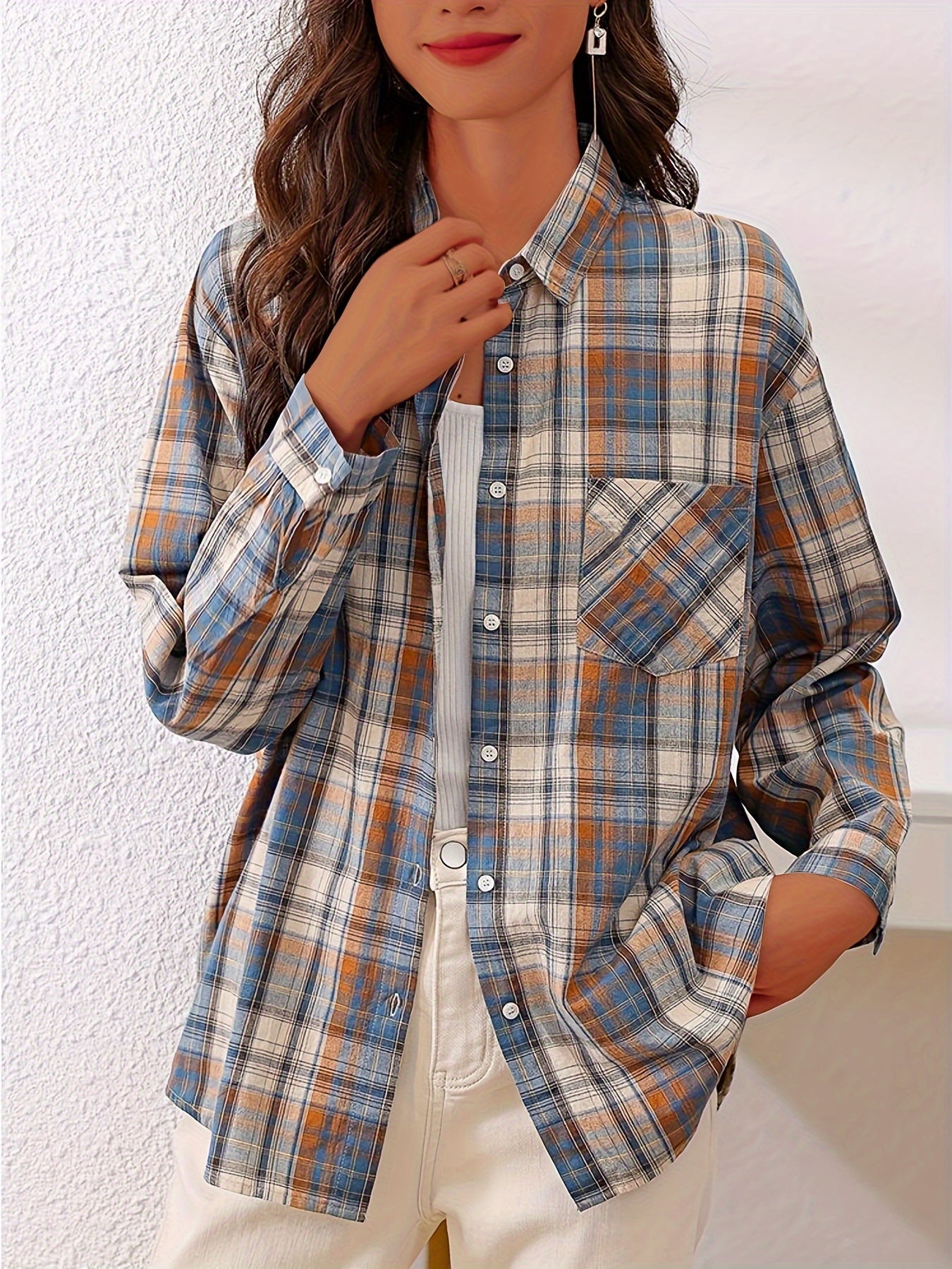 Button Up Plaid Shirt, Casual Pocket Shirt, Women's Clothing