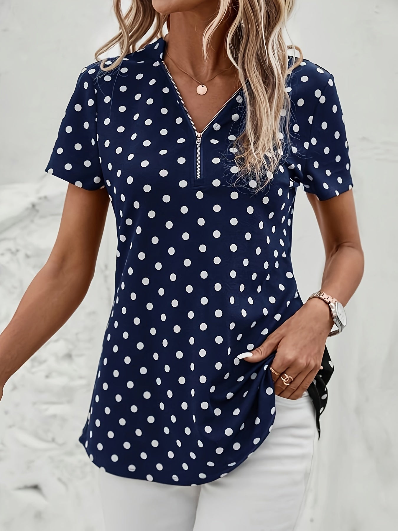 Polka Dots Print V Neck Blouse, Elegant Zipper Front Short Sleeve Blouse For Spring & Summer, Women's Clothing