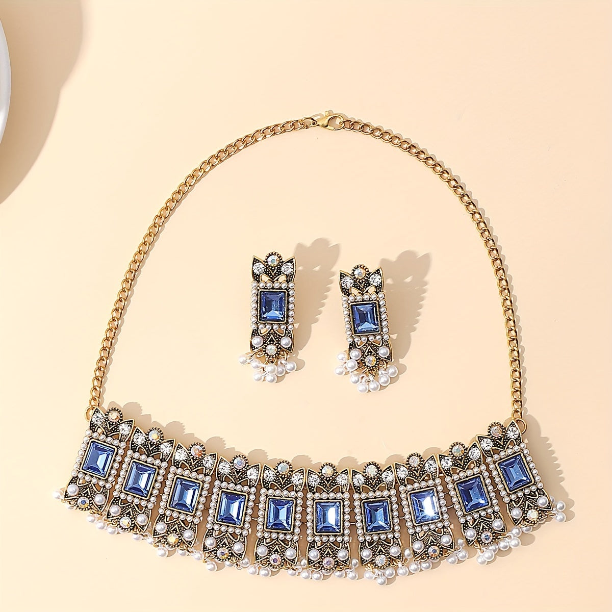 Boho-Chic 3pcs Jewelry Set: Handcrafted Faux Pearl & Rhinestone Choker Necklace And Earrings - Hypoallergenic Stainless Steel, Vintage Luxury For Parties, Weddings, Travel - Available In Blue, White, Black, Pink, Purple, Ligh