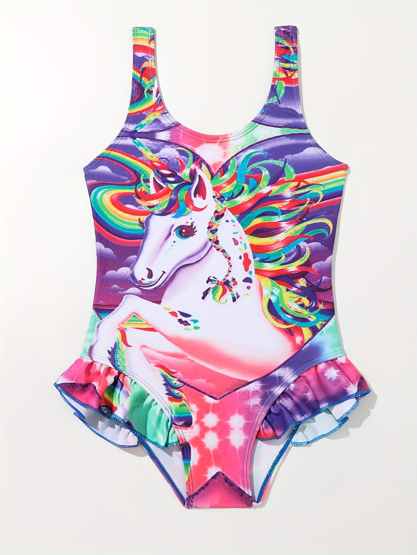 Trendy Unicorn Graphic Ruffle Trim 1-piece Swimsuit Kids Clothes For Summer Gift