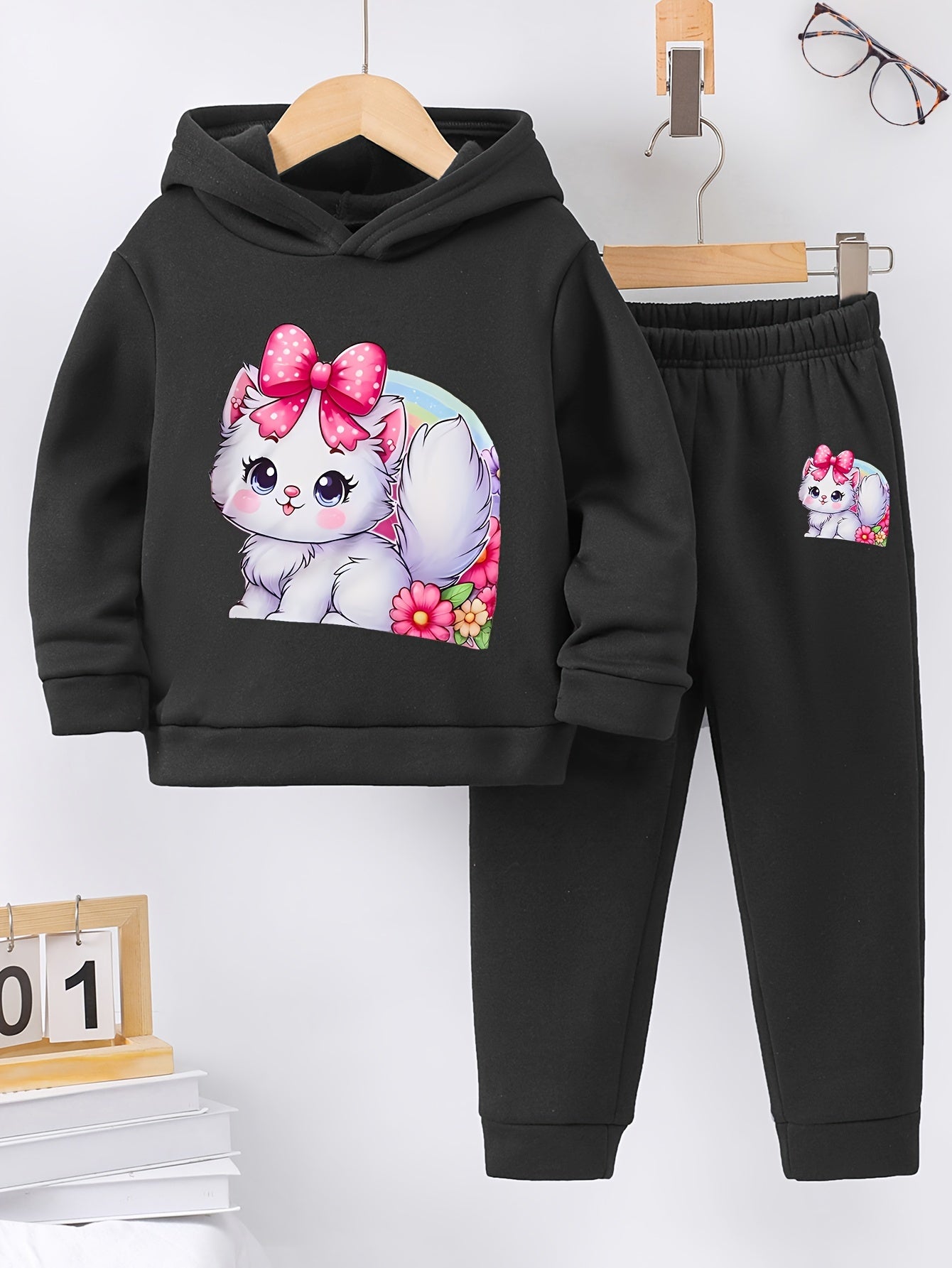 Girl's Winter Hoodie and Leggings Set: Soft Fleece, Pink Bow, and Cute Kitty Design