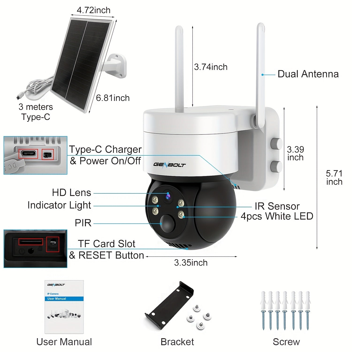 GENBOLT 3MP WiFi Solar Security Camera Outdoor Wireless, GENBOLT Battery Operated PTZ WiFi Camera 4W 7800mAh Rechargeable Floodlight CCTV Home Surveillance IP Camera, PIR Siren Alarm with Humanoid Detection