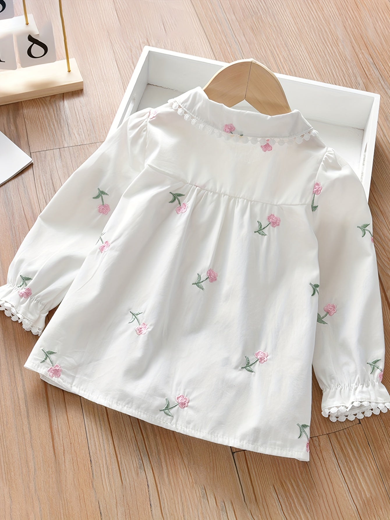 Adorable Girls Delicate Ruffle Flower Embroidered Shirt - Stylish Button Front for Spring & Fall Parties - Versatile Wardrobe Essential